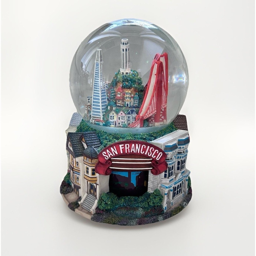Vintage San Francisco Music Box Co. Snow Globe California City Skyline Rotating